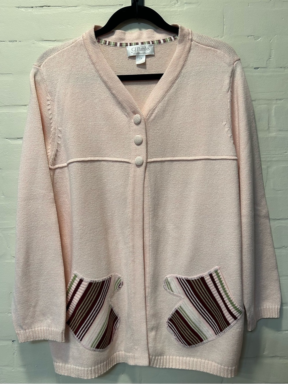 CJ Banks Pink Mitten Pocket Cardigan Sweater Size 1X Whimsical Winter Soft Girl